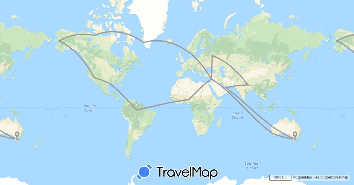 TravelMap itinerary: driving, plane in United Arab Emirates, Australia, Brazil, Canada, Greenland, Nigeria, Nepal, Russia, Syria, United States (Africa, Asia, Europe, North America, Oceania, South America)